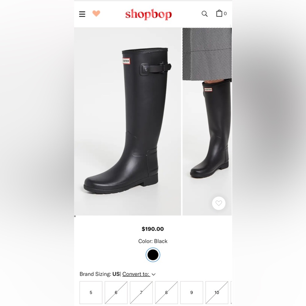 HUNTER rain boot tall women’s size 8 black